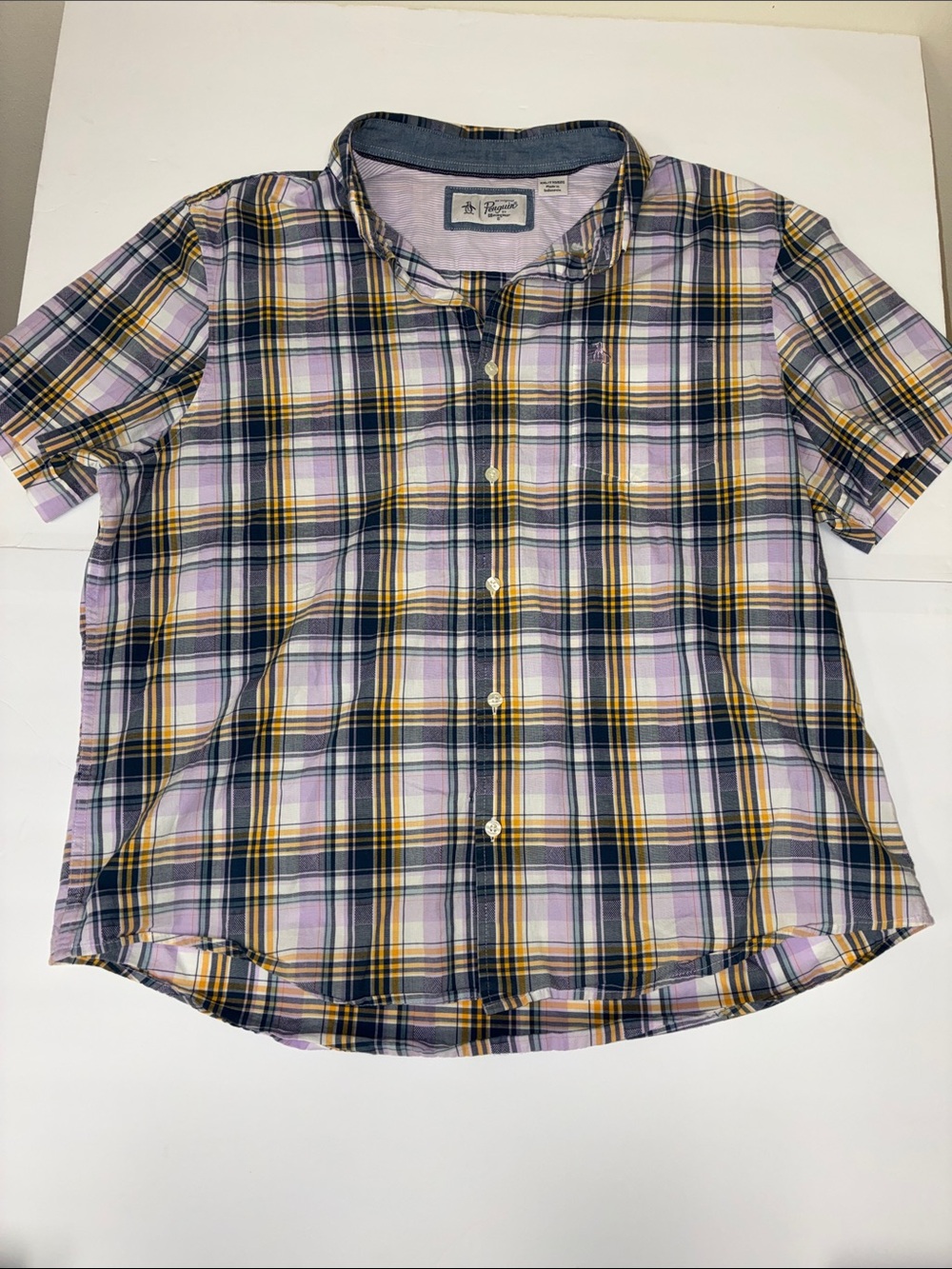 Original Penguin Plaid Button-Down Shirt in Lavender, Navy & Yellow
